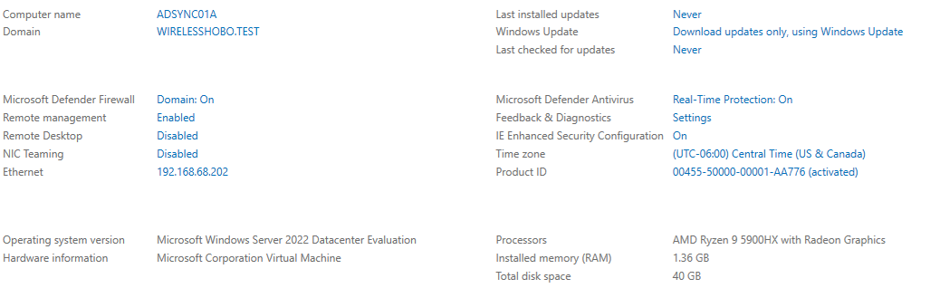 Server Admin details on ADSYNC01A.